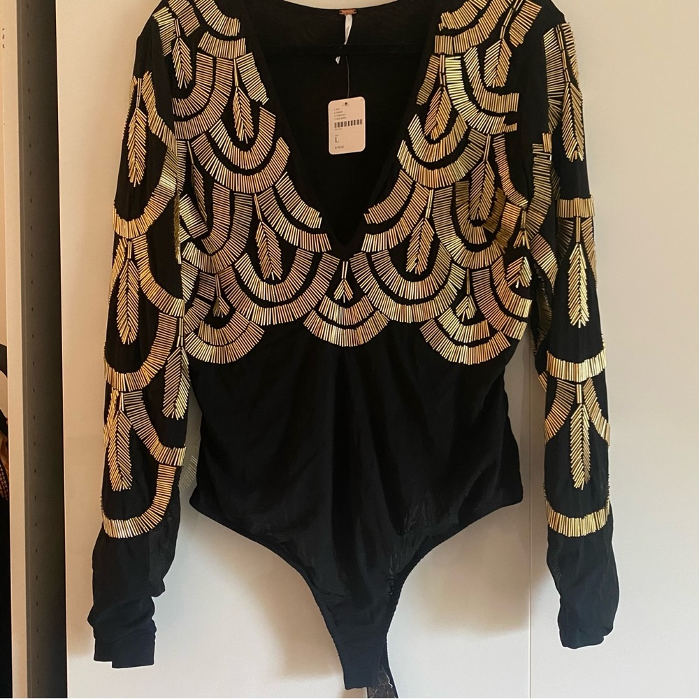 Intimately Free People Black Mesh LS Gold Embellishment Bodysuit NWT L